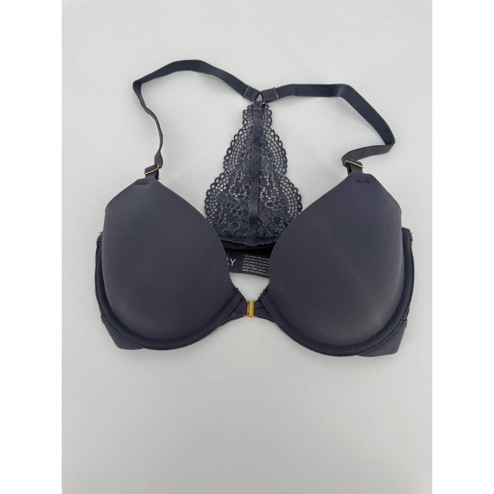 Lively Front Close T-Shirt Bra Charcoal Gray Lace Racerback Underwire 32C